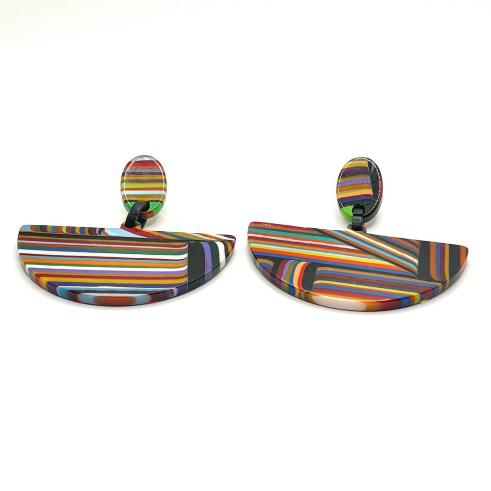 Carlos Sobral‎ Brazil Striped Resin Half Moon Bold Colorful Statement Earrings